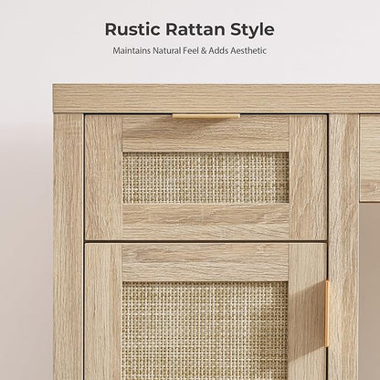 SICOTAS 2 Pieces Rattan Vanity Home Office Desk - Big Boho Makeup Vanities Benches with Drawers & Storage Cabinets, Dressing Vanity Table for Makeup Room, Bedroom, Home Office, Light Oak