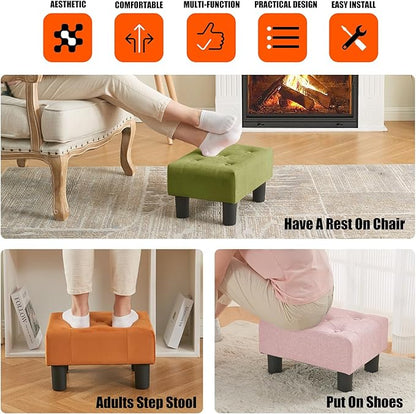 BRIAN & DANY Small Foot Stool, Linen Foot Stools with Legs, Stable Small Footstool for Living Room, Pink