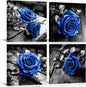 VANSEEING 4 Pieces Blue and Black Rose Flower Canvas Wall Art Floral Pictures Prints Modern Romantic Artwork Wall Decor for Valentine's Day Living Room Bedroom 12x12inchx4Pcs