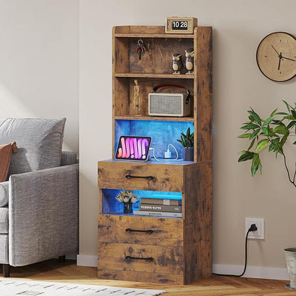 VIAGDO Tall Nightstand with Charging Station and LED Lights, Rustic Brown Night Stand with Bookshelf, Modern LED Bedside Table with 3 Drawers and Storage Shelves, End Side Table for Bedrooms, Dorms