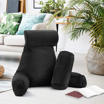 Nestl Reading Pillow with Shredded Memory Foam Includes 2 Neck and Lumber Support Pillows, Designed for Sitting Up in Bed and Couch, Back and Arms Adjustable Support for Adult & Teens, Black