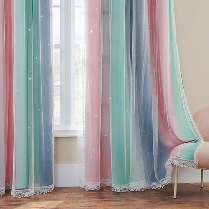 XiDi Curtains for Bedroom Decor, Rainbow Pinkgreen grey34/45