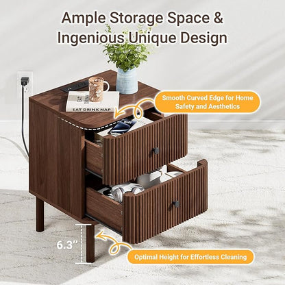 Night Stand Set of 2 with Charging Station, 18" Fluted Nightstand with Rounded Corners & Solid Wood Legs, 2 Drawers End Table, Mid Century Modern Bedside Table for Bedroom, Walnut