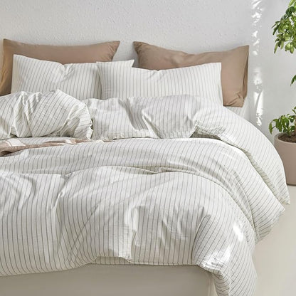 MooMee Striped Duvet Cover Set 100% Washed Cotton Linen Like Textured Breathable Durable Soft Comfy (White Sage Green Wide Stripes, Super King 108"x98")