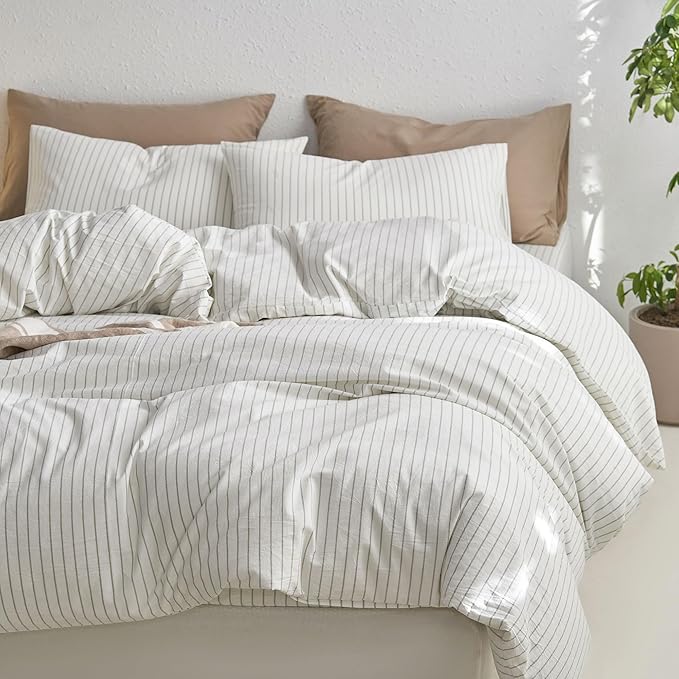 MooMee Striped Duvet Cover Set 100% Washed Cotton Linen Like Textured Breathable Durable Soft Comfy (White Sage Green Wide Stripes, Full 80"x90")