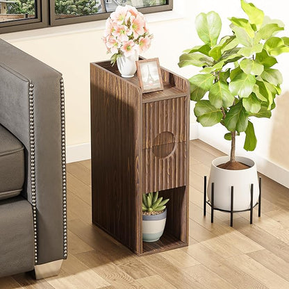 Narrow Nightstand Set of 2, Wood 2 Drawer Narrow Nightstand, Skinny Night Stand with Open Storage, Mid Century Modern Slim Bedside Table for Bedroom, Walnut