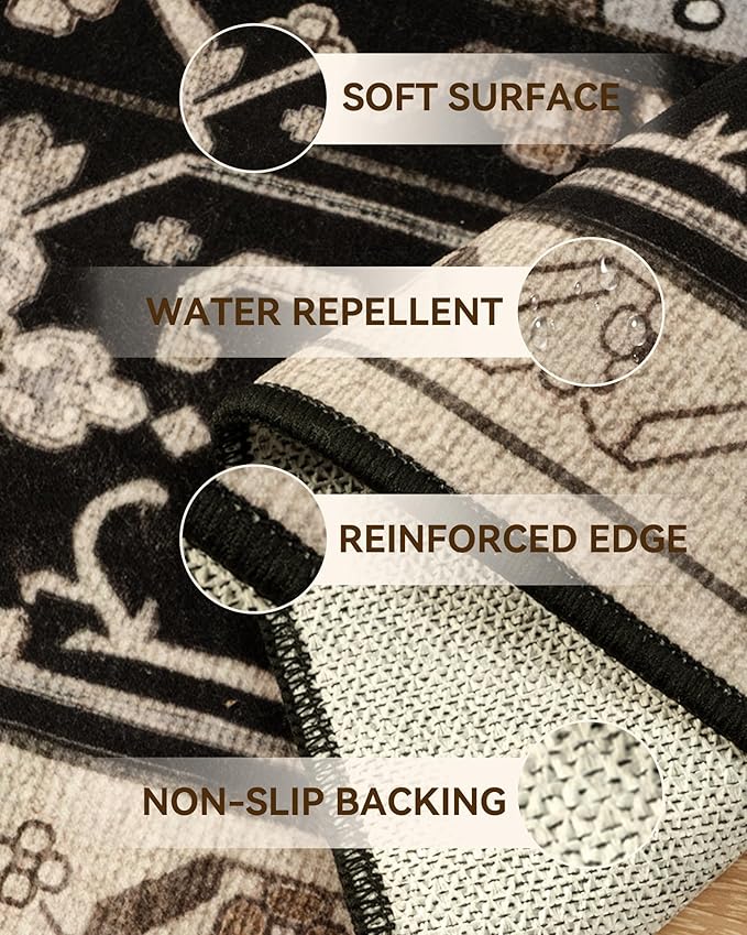 Area Rugs 2'x10' Washable Non-Slip, Floral Vintage Distress Print Pattern Medallion Carpet for Living Room Bedroom Dining Room, Black Brown Neutral Dark Tan