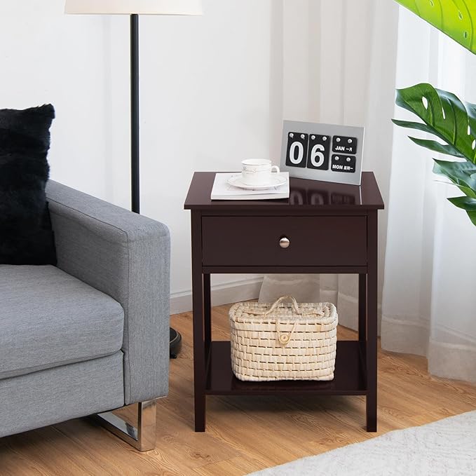 Giantex Nightstand Set of 2, Wood End Table with Drawer and Open Shelf, Night Stand for Small Spaces, 2-Tier Bedside Table for Living Room Bedroom Dorm, Easy Assembly, Brown