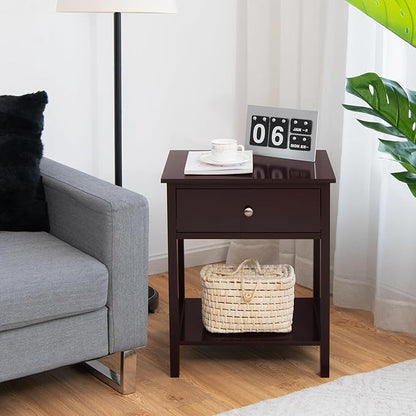 Giantex Nightstand, Wood End Table with Drawer and Open Shelf, Night Stand for Small Spaces, 2-Tier Bedside Table for Living Room Bedroom Dorm, Easy Assembly, Brown