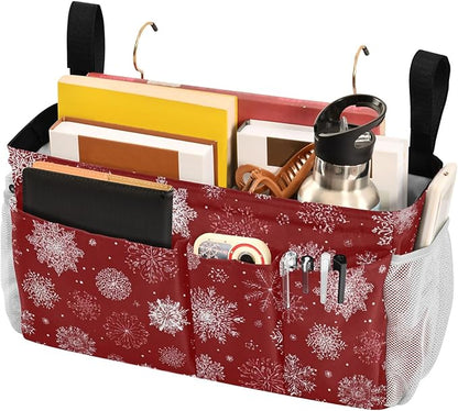 Bedside Caddy Hanging Bunk Bed Caddy Bed Organizer Hanging Pocket with 2 Hooks Bedside Storage Organizer Pocket Bag Holder Red Christmas Snowflakes
