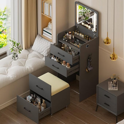HNEBC 3 in 1 Vanity Desk with Plip Top LED Mirror,Small Dressing Table Set with Visible Glass Desktop,Compact Vanity with 3 Drawers,Storage Compartment and Padded Stool,for Bedroom(Grey)