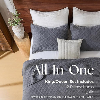 Queen Quilt Set with Shams Lightweight Quilted Bedspread Coverlet Thin Comforter Bed Cover Vintage Washed Quilted Blanket for All Season, Brushed Microfiber Diamond Stitching, Ash Gray, 88"x92"