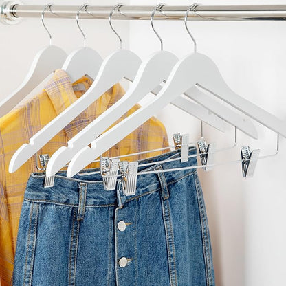 TOPIA HANGER Wooden Suit Hangers with Adjustable Metal Clips (10 Pack), Solid Smooth Wood Clothes Hangers, 360° Swivel Hook, Premium Pants Hangers for Clothes Coat, Jeans, Blouse-White,CT28W