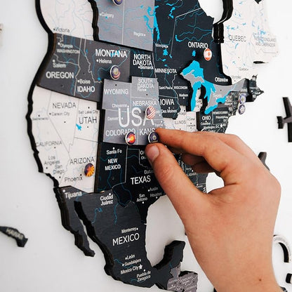 Handmade 3D Wood World Map Wall Art Large Wall Decor Track Your World Travels - Special for Home, Kitchen and Office (Pins, Flags Push Pins)