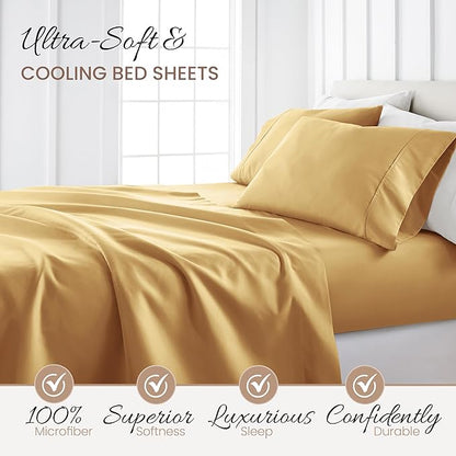 Linen Market Brushed Microfiber Twin XL Sheet Set 3 Piece – Oeko-TEX Certified Ultra Soft & Wrinkle-Free - 16" Deep Pocket Sheets - Easy Care Twin XL Size - Gold