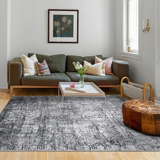 Area Rug 6×9, Large Vintage Boho Rug,Ultra-Soft Low Pile, Washable, Non Slip,Stain Resistant, Printed Carpet for Living Room Bedrooms Playroom Office Kitchen, Dark Stone