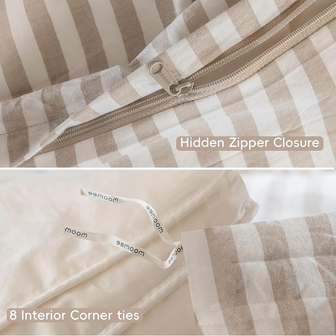 MooMee Striped Duvet Cover Set 100% Washed Cotton Linen Like Textured Breathable Durable Soft Comfy (Tannish Linen Grey White Classic Stripes, Oversized King Plus 128"x120")