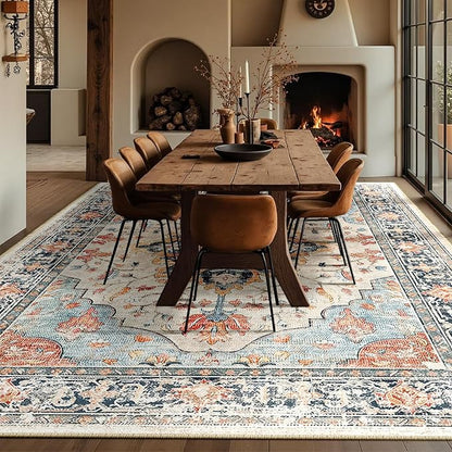 Area Rugs 10'x12' Washable Non-Slip, Floral Vintage Distress Print Pattern Medallion Carpet for Living Room Bedroom Dining Room, Beige Navy Blue Orange Colorful