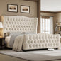 Keyluv Full Size 54.3” Tall Platform Bed Frame with Deep Button Tufted Wingback Headboard and Footboard, Velvet Upholstered Bed Frame with Handmade Pleats, No Box Spring Needed, Beige/Cream