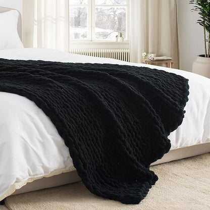 Chunky Knit Throw Blanket 60"X 80", 100% Handmade with Soft Chenille Yarn, 6.7lbs Thick Cable Knitted Blankets, Large Rope Knot Crochet Throws for Couch Sofa Bed Home Decor, Black