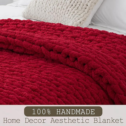 Chunky Knit Throw Blanket 60"X 80", 100% Handmade with Soft Chenille Yarn, 4.4lbs Thick Cable Knitted Blankets, Large Rope Knot Crochet Throws for Couch Sofa Bed Home Decor, Red