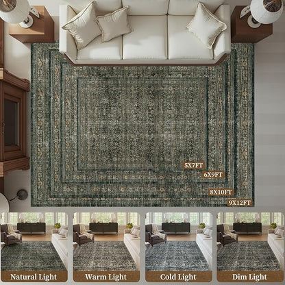 MontVoo-Vintage Area Rug 6X9 Green Rugs for Living Room-Soft Distressed Printed Rugs for Bedroom-Non Slip Carpet-Machine Washable Rug for Dining Room Living Room Bedside Office