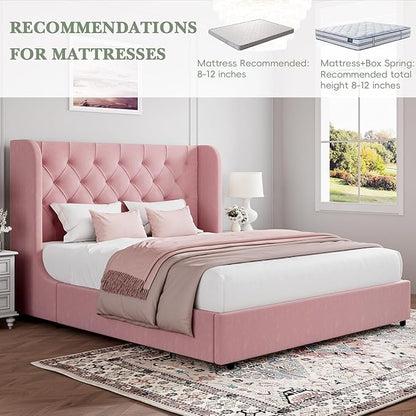 HOMBCK Pink King Size Bed Frame, Upholstered Platform Bed Frame with Velvet Tufted Headboard, Curved Wingback Design, Wooden Slats, No Box Spring, Noise Free, Easy Assembly