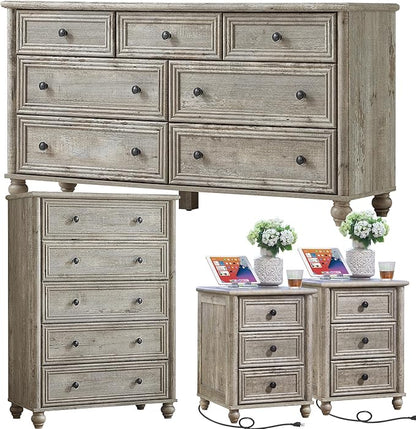 Farmhouse Dressers & Night Stand Set of 4, Wood 54" Wide Dresser & 45" Tall Chest of Drawers, 18" with Charging Station Nightstand Set of 2, Bedroom Furniture Dresser Set for Home Living Room Hallway