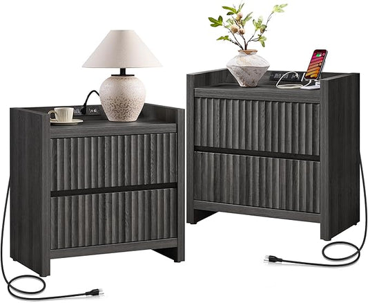 SICOTAS Night Stand Set of 2-Fluted Nightstands with Charger Station-Large Nightstand Bedside Table End Table with 2 Drawers, 25" Wide Mid Century Modern Night Stands for Bedroom-Black Oak