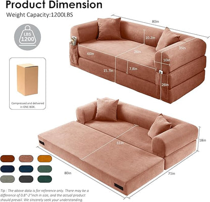 80" Convertible Sofa Bed, Corduroy Deep Seat Folding Pull Out Couch with Pillows, No Assembly Modern Boneless Couch Compression Sofa in Box, Floor Sofa with Storage Pocket for Living Room,Pink
