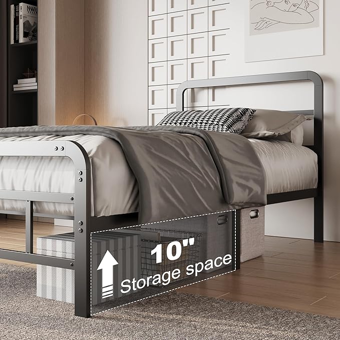 12 Inch Twin Bed Frames with Headboard and Footboard, No Box Spring Needed, Heavy Duty Metal Mattress Foundation, Noise Free, Easy Assembly, Black