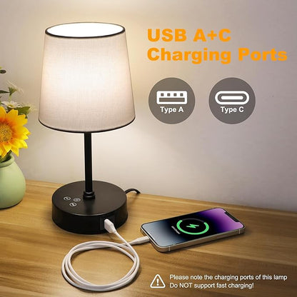 Ascher Small Bedside Table lamp Set of 2, RGB Color Changing Lamps, 3 Color Temperatures Nightstand Lamps with USB C and A Ports, Touch Dimmable Desk Lamp for Bedroom Living Room(White Shade)