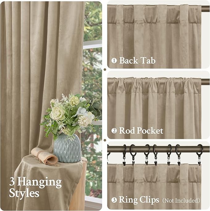 LAMIT Taupe Velvet Curtains 84 Inch for Living Room, Thick Thermal Room Darkening Drapes Elegant Back Tab and Rod Pocket Room Decor Panels for Bedroom/Sliding Glass Door, 2 Panels, 52 x 84 Inch