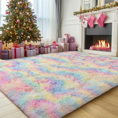 8x10 Fluffy Rainbow Rug for Living Room, Large Colorful Tie Dyed Shaggy Area Rugs for Bedroom Girls Kids Room, Soft Non Slip Fuzzy Shag Rug for Nursery Dorm Home Decor