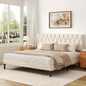 King Size Bed Frame with Diamond Tufted Headboard, Velvet Upholstered Platform Bed and Wooden Slat Support, Noise-Free, No Box Spring Needed, Easy Assembly, Beige