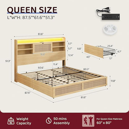 Queen Size Rattan Bed Frame with 4 Storage Drawers and Hidden Storage Headboard Wooden Platform Bed Frame with LED Lights and Charging Station, No Box Spring Needed, Easy Assembly, Natural