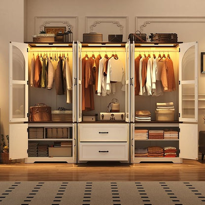 Tall Farmhouse 6 Doors Armoire Wardrobe Closet with LED ,72" Freestanding Arched Wardrobe Closet Cabinet for Bedroom w Glass Doors/Drawers,Wooden Clothing Storage Cabinet,Closets for Bedroom(White)