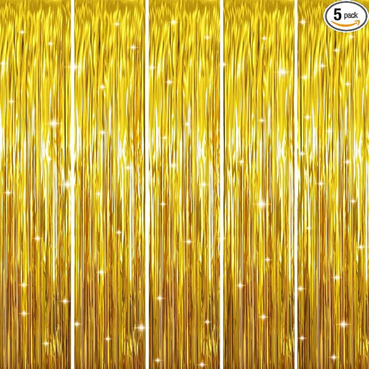 GOER 3.2 ft x 9.8 ft Metallic Tinsel Foil Fringe Curtains Party Photo Backdrop Party Streamers for Birthday,Graduation,New Year Eve Decorations Wedding Decor (Gold,5 pcs)