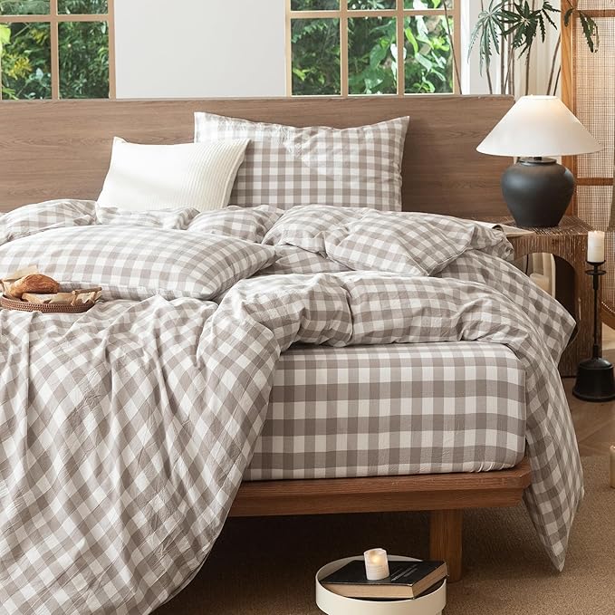 MooMee Gingham Duvet Cover Set 100% Washed Cotton Linen Like Textured Breathable Durable Soft Comfy Modern Checkered Design (Buffalo Plaid Tannish Linen Grey, King 104"x90")