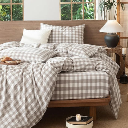 MooMee Gingham Duvet Cover Set 100% Washed Cotton Linen Like Textured Breathable Durable Soft Comfy Modern Checkered Design (Buffalo Plaid Tannish Linen Grey, Cal King 104"x98")