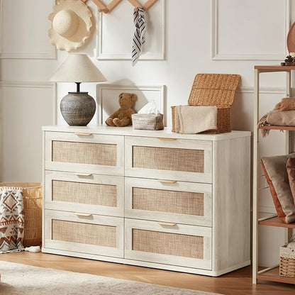 LEYAOYAO Rattan Dresser and Nightstand Sets 3 Piece, Boho Wood Dresser for Bedroom with 6 Drawers and Night Stand with Charging Station, Bedroom Furniture, Dressers & Chests of Drawers, Living Room