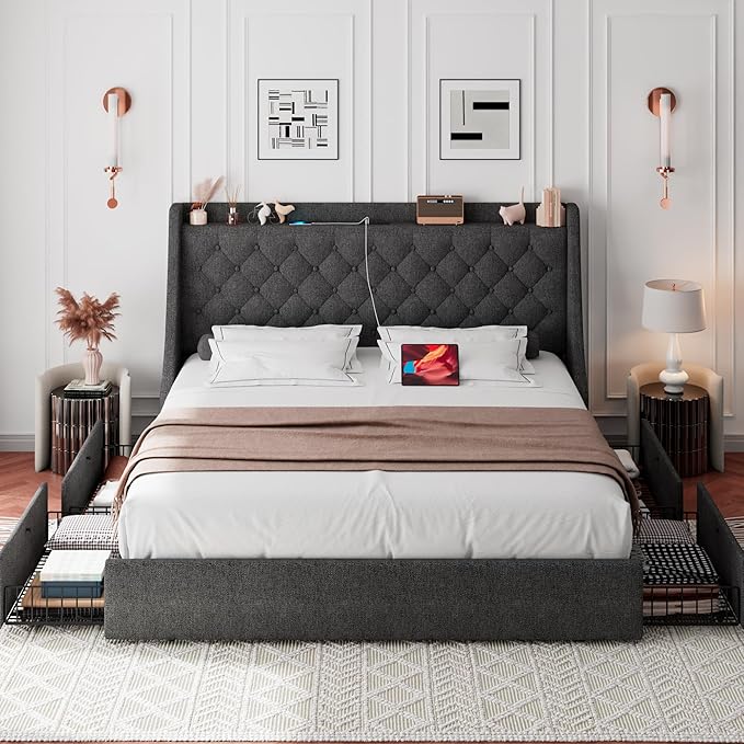 iPormis King Size Bed Frame with 4 Storage Drawers, Upholstered Platform Bed Frame with Type-C & USB Ports, Wingback Storage Headboard, Solid Wood Slats, No Box Spring Needed, Dark Gray