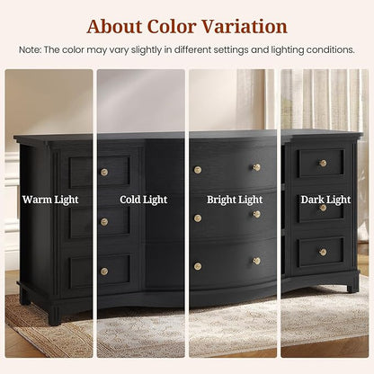 9-Drawer Chest, Wide Dresser with 3 Large Arc Fronts,Roman Column Decor, Spacious Bedroom Storage Furniture, 55 Inch Long (Black, 9 Drawer)