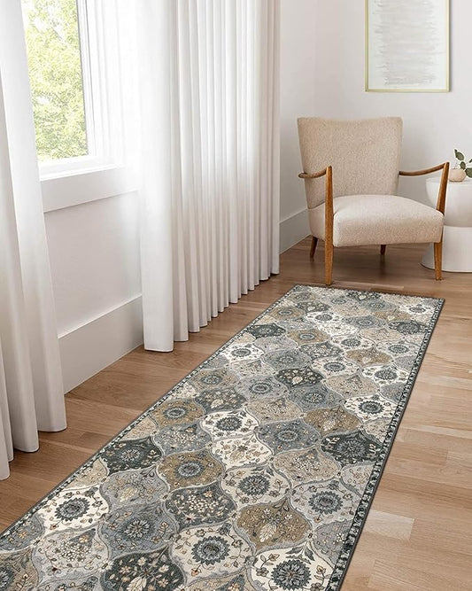 Lahome Moroccan Kitchen Runner Rug, 2'5''x8' Ultra-Thin Soft Washable Runner Oriental Non-Slip Hallway Rug Indoor Throw Carpet for Entryway Bedroom Laundry Room Foyer, Grey