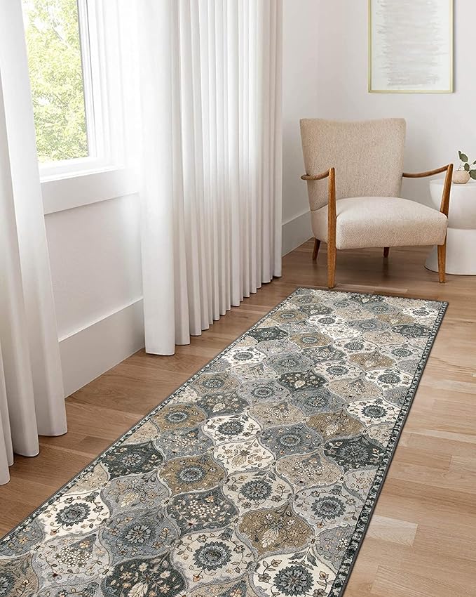 Lahome Moroccan Trellis Washable Runner Rug, 2x6 Runners for Hallways 6 Feet Non Slip Vintage Laundry Room Rug Vintage Ultra-Thin Long Carpet for Kitchen Bedroom, Grey