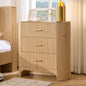 Fluted 3 Drawers Nightstand with Charging Station,31.7" W Bedside Table with Curved Profile Design,End Table Storage with USB Ports for Bedroom,Living Room,Gold Metal Handle,Natural Oak