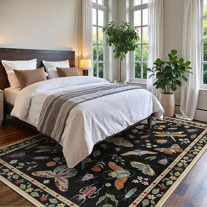 Lahome Insect 9x12 Area Rugs for Living Room Bedroom, Soft Washable Rugs 9x12 Stain Resistant, Ultra-Thin Non-Slip Non-Shedding Accent Carpet for Dining Room Office, Black