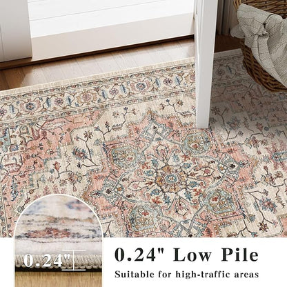 6x9 Area Rugs for Living Room Ultra-Soft Washable Rug Vintage Distressed Boho Area Rug, Non-Slip Retro Print Low Pile Stain Resistant Carpet for Bedroom Dining Room Kitchen Office