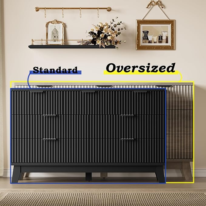 57" Long Dresser for Bedroom, 7-Drawer Fluted Chest, Wide Wood Storage Dresser with Metal Slides and Handles, Stable Base, Modern Clothes Organizer for Primary Suite, Guest Room, Nursery
