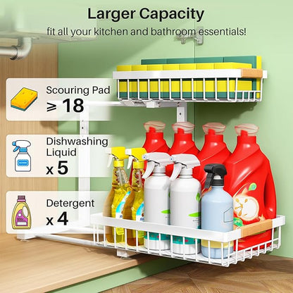 Kitstorack Under Sink Organizer, 2 Packs 2 Tier Under Sink Organizers and Storage, Slide out Pull out Cabinet Organizer Shelf, Metal Sliding Drawer for Kitchen Bathroom Pantry Closet Rack(White)